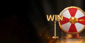 Image showing a red and white spinning wheel with the word WIN, promoting the bonus combo at 1xSlots with a luxurious theme.