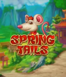 An enchanting illustration of a white rat dressed in traditional Chinese attire standing in a vibrant landscape with mountains. The image promotes the Spring Tails game by Betsoft, showcased with bold gold and red logo lettering.