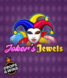 Experience the colorful charm of the Joker's Jewels game by Pragmatic Play, showcasing a captivating joker's mask decorated with a multicolored jester hat. This graphic captures the light-hearted fun of traditional joker games, set against a purple background. Ideal for casino game enthusiasts, promising a delightful gaming experience. 