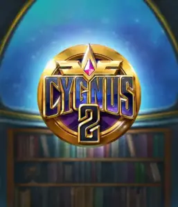 Experience the captivating graphics of Cygnus 2 Slot by ELK Studios, featuring a luxurious golden emblem with a vibrant purple and gold design. Set against a starlit library backdrop, this graphic conjures the theme of exploration and mystery. 